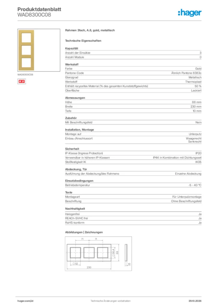 Bild Hager Produktdatenblatt WAD8300C08 | Hager Deutschland