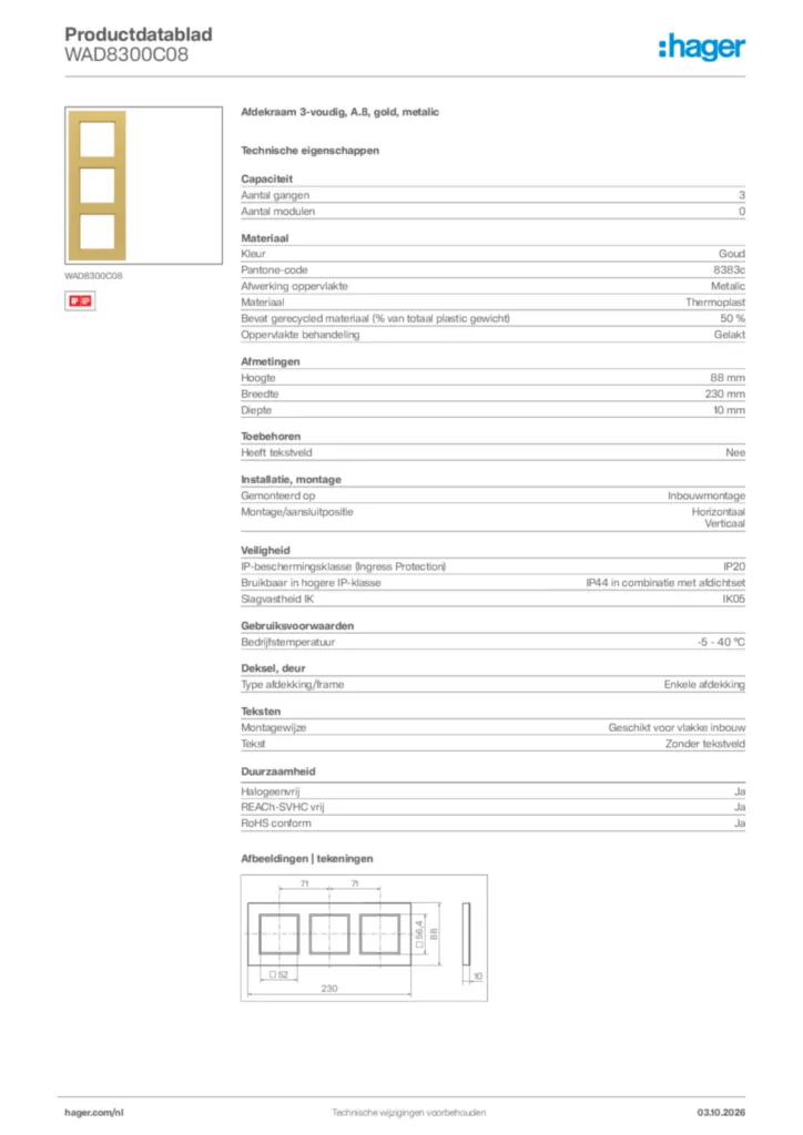 Afbeelding Hager Productdatablad WAD8300C08 | Hager Nederland
