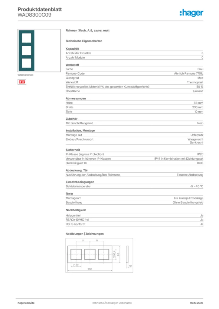 Bild Hager Produktdatenblatt WAD8300C09 | Hager Deutschland