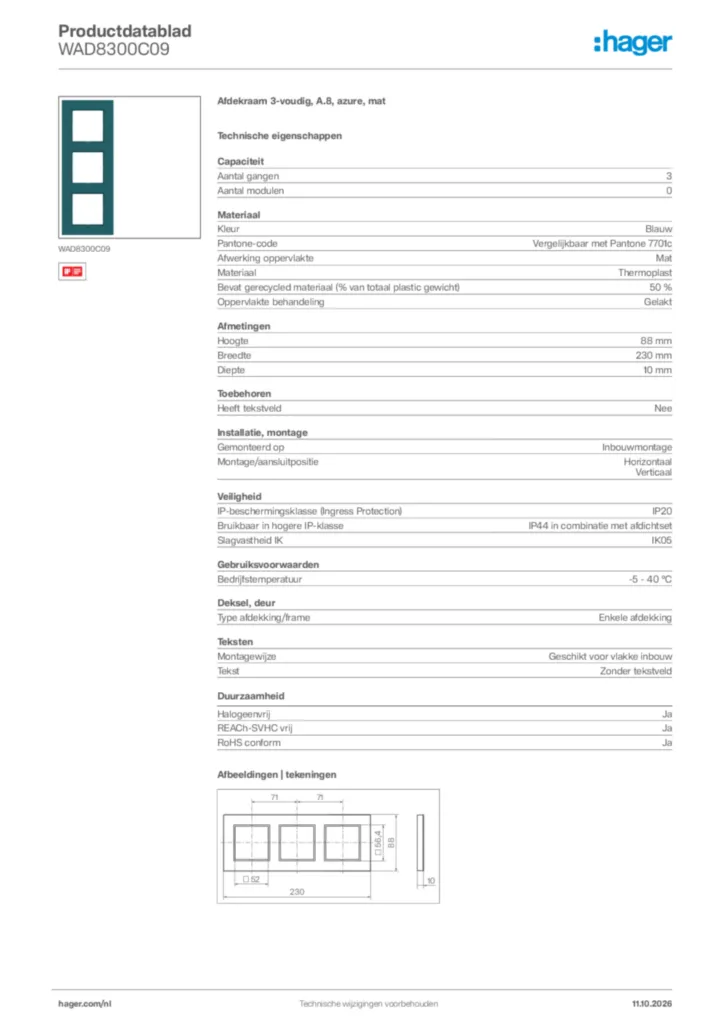 Afbeelding Hager Productdatablad WAD8300C09 | Hager Nederland