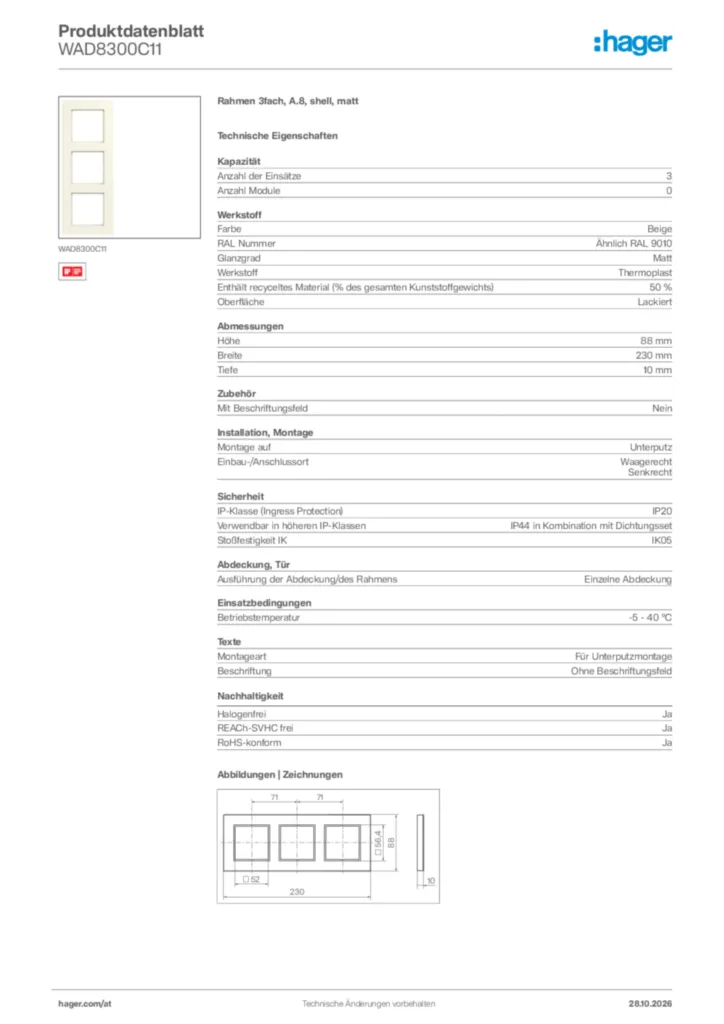 Bild Hager Produktdatenblatt WAD8300C11 | Hager Deutschland
