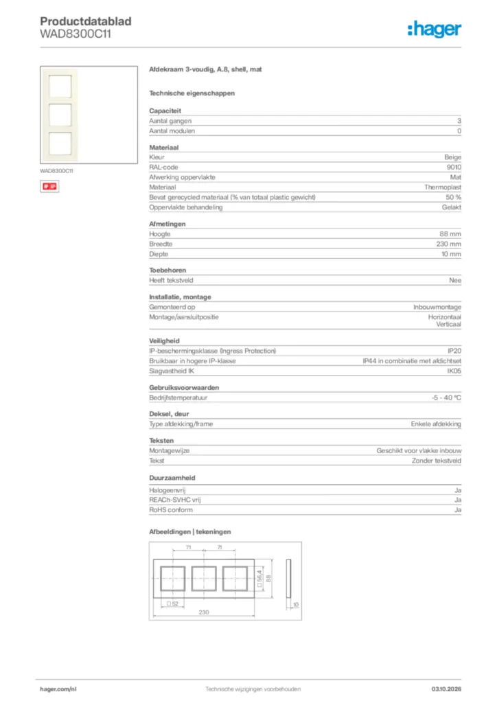 Afbeelding Hager Productdatablad WAD8300C11 | Hager Nederland