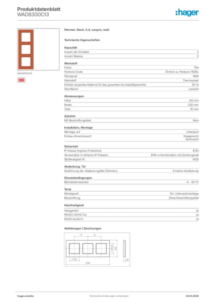 Bild Hager Produktdatenblatt WAD8300C13 | Hager Deutschland