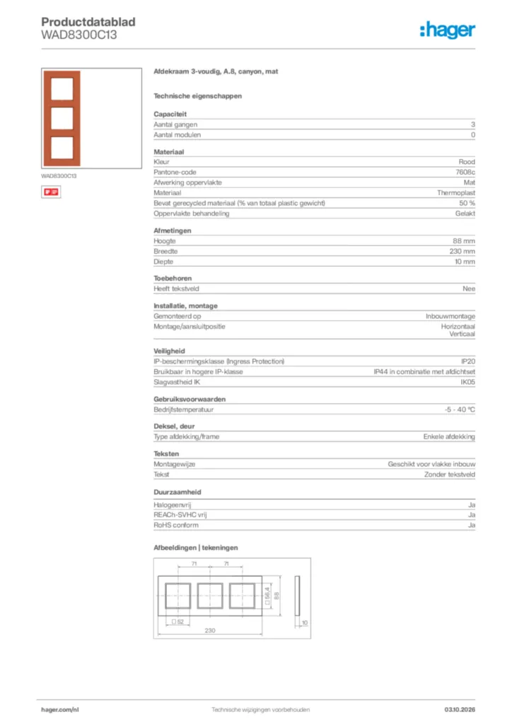 Afbeelding Hager Productdatablad WAD8300C13 | Hager Nederland