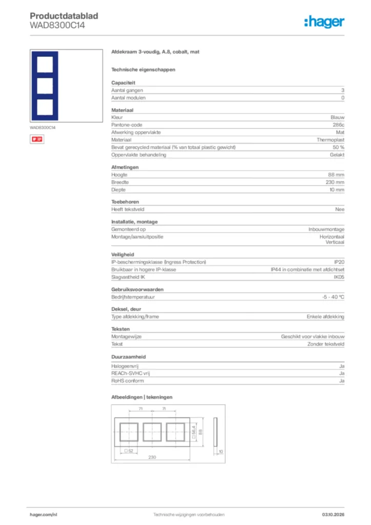 Afbeelding Hager Productdatablad WAD8300C14 | Hager Nederland