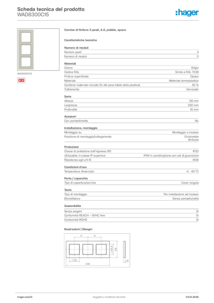 Immagine Hager Scheda tecnica del prodotto WAD8300C15 | Hager Italia