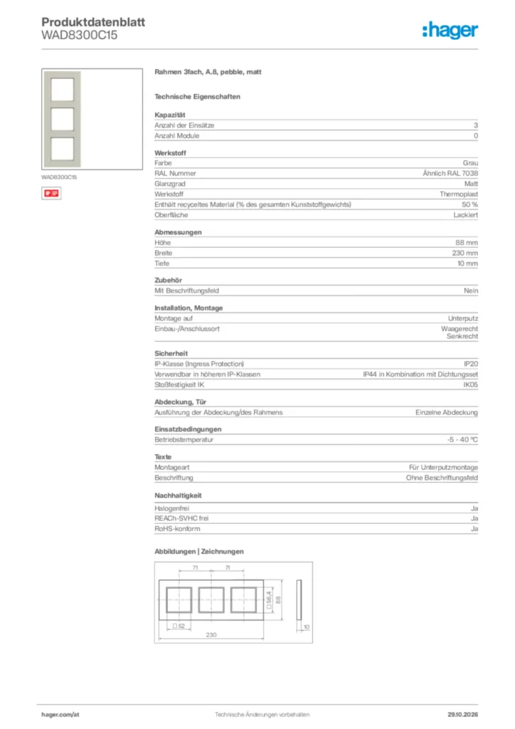 Bild Hager Produktdatenblatt WAD8300C15 | Hager Deutschland