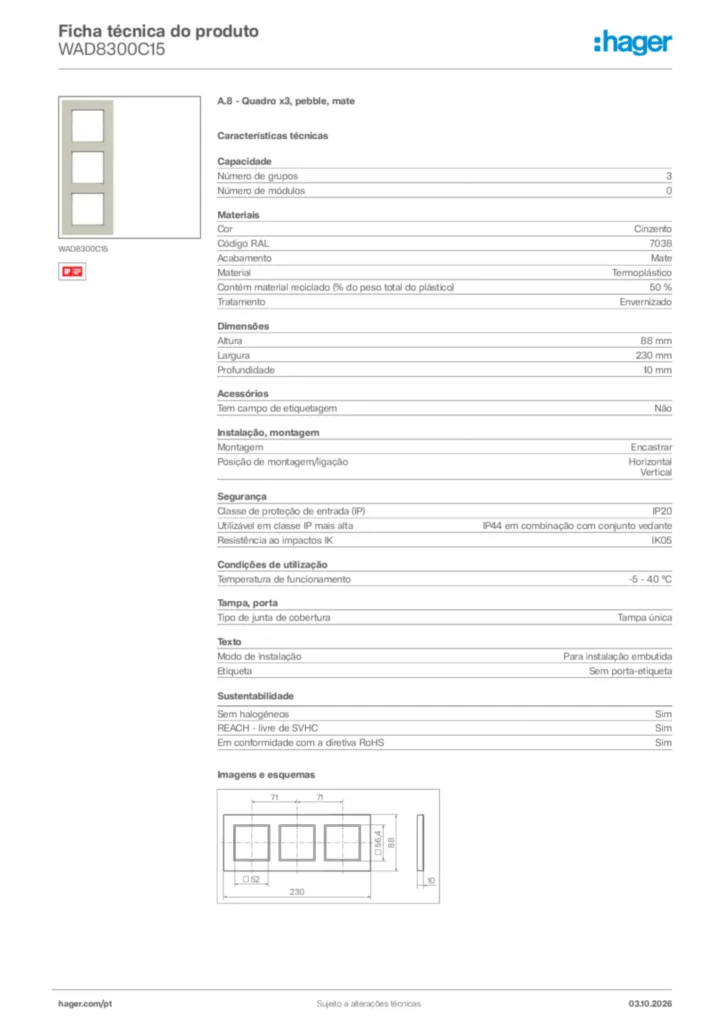 Imagem Hager Ficha técnica do produto WAD8300C15 | Hager Portugal