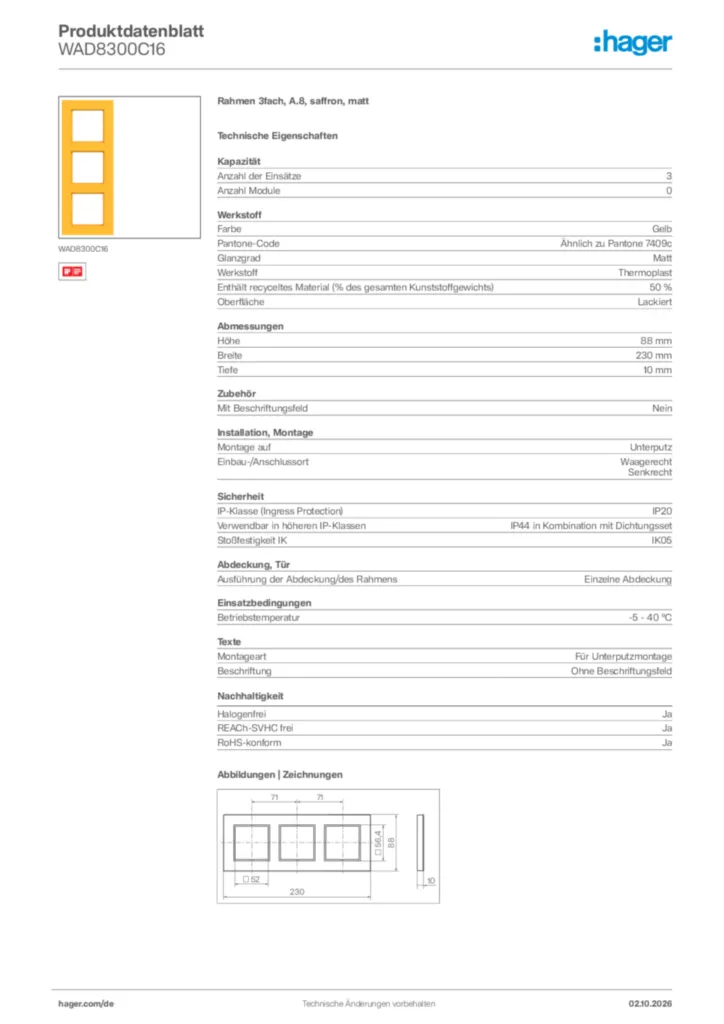 Bild Hager Produktdatenblatt WAD8300C16 | Hager Deutschland