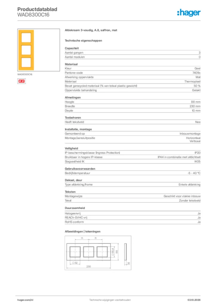 Afbeelding Hager Productdatablad WAD8300C16 | Hager Nederland