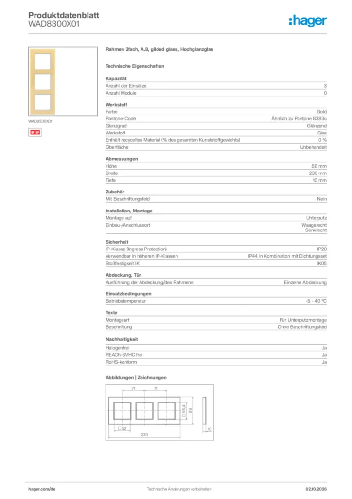 Bild Hager Produktdatenblatt WAD8300X01 | Hager Deutschland