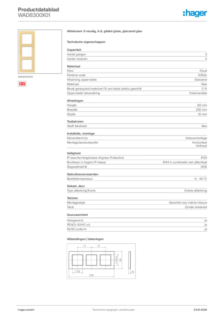 Afbeelding Hager Productdatablad WAD8300X01 | Hager Nederland