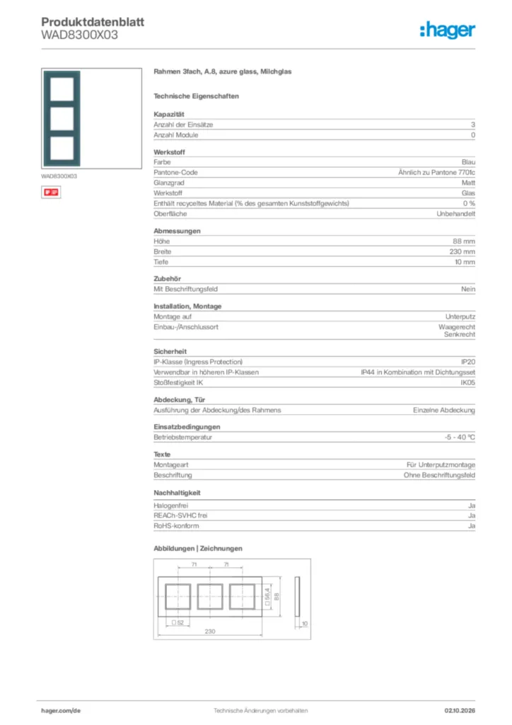 Bild Hager Produktdatenblatt WAD8300X03 | Hager Deutschland