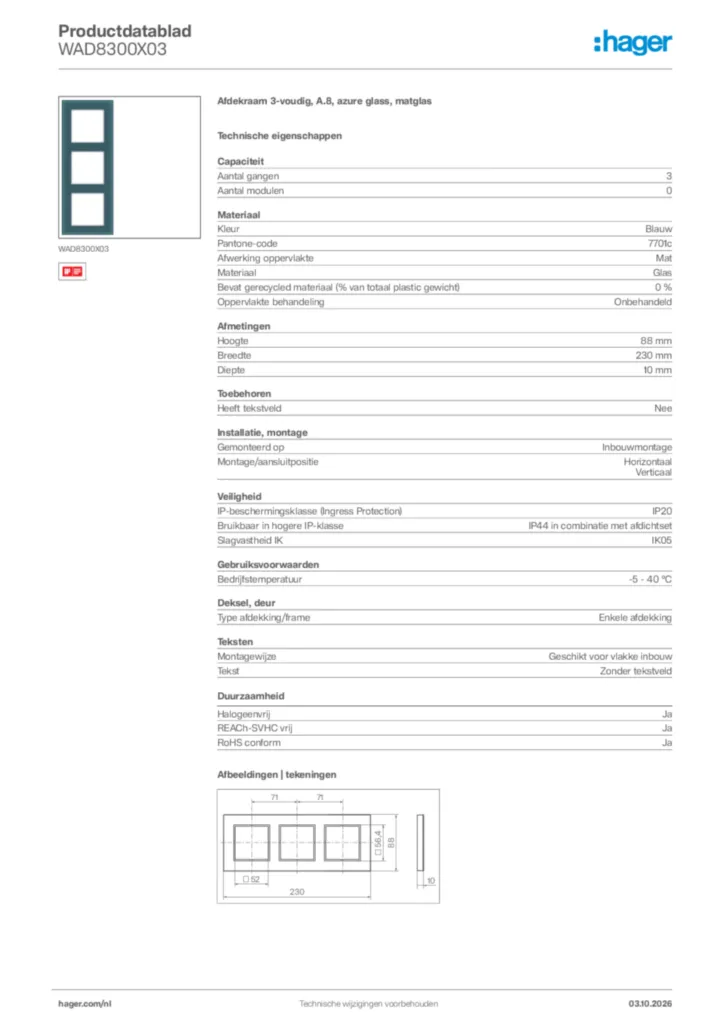 Afbeelding Hager Productdatablad WAD8300X03 | Hager Nederland