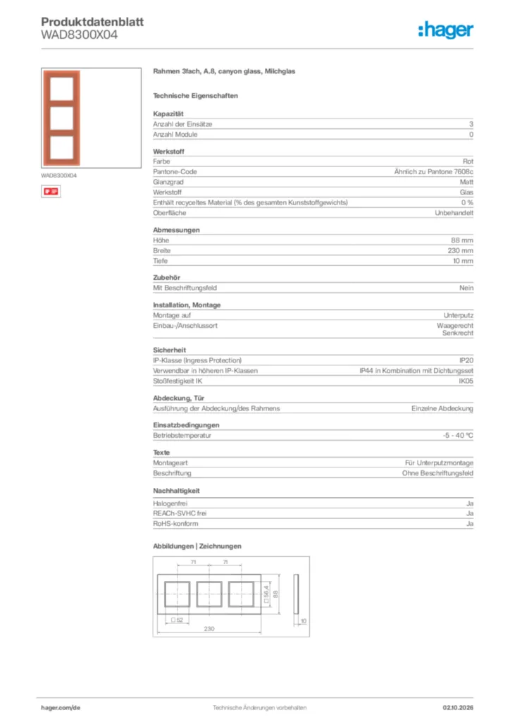 Bild Hager Produktdatenblatt WAD8300X04 | Hager Deutschland
