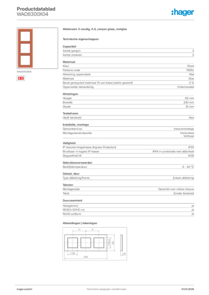 Afbeelding Hager Productdatablad WAD8300X04 | Hager Nederland