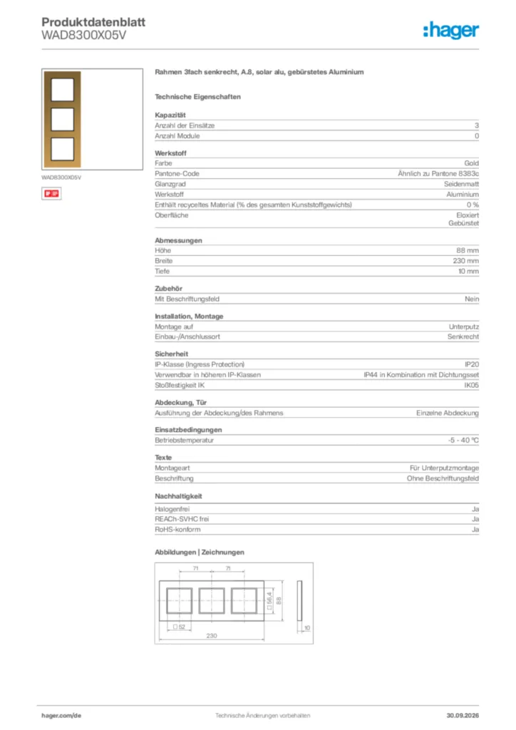 Bild Hager Produktdatenblatt WAD8300X05V | Hager Deutschland
