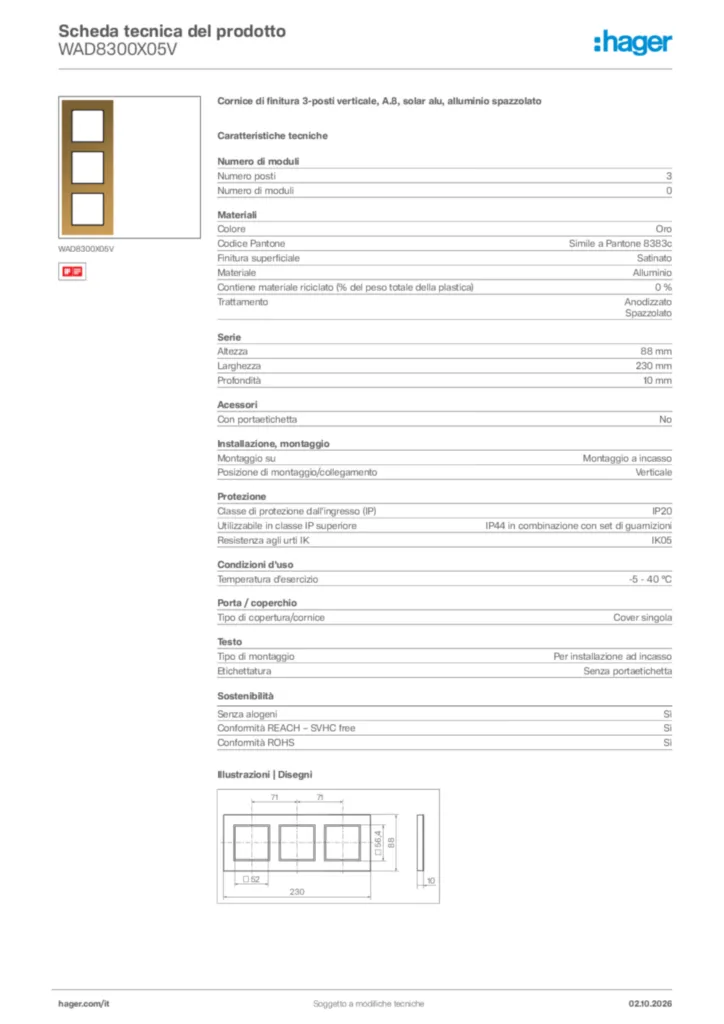 Immagine Hager Scheda tecnica del prodotto WAD8300X05V | Hager Italia