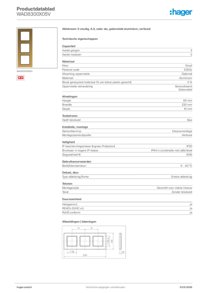 Afbeelding Hager Productdatablad WAD8300X05V | Hager Nederland
