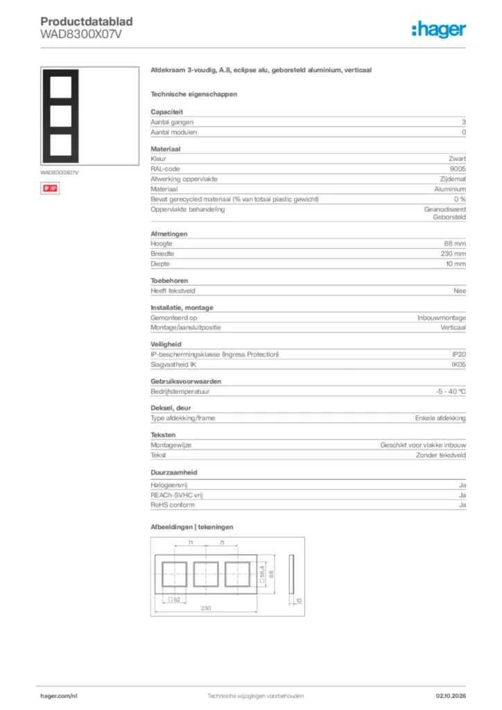 Afbeelding Hager Productdatablad WAD8300X07V | Hager Nederland