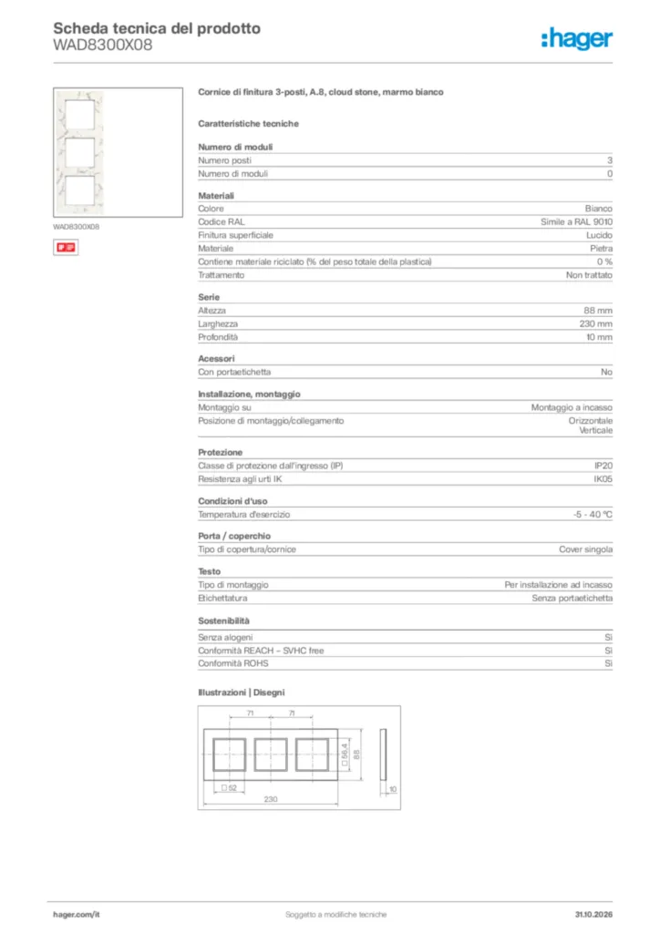 Immagine Hager Scheda tecnica del prodotto WAD8300X08 | Hager Italia