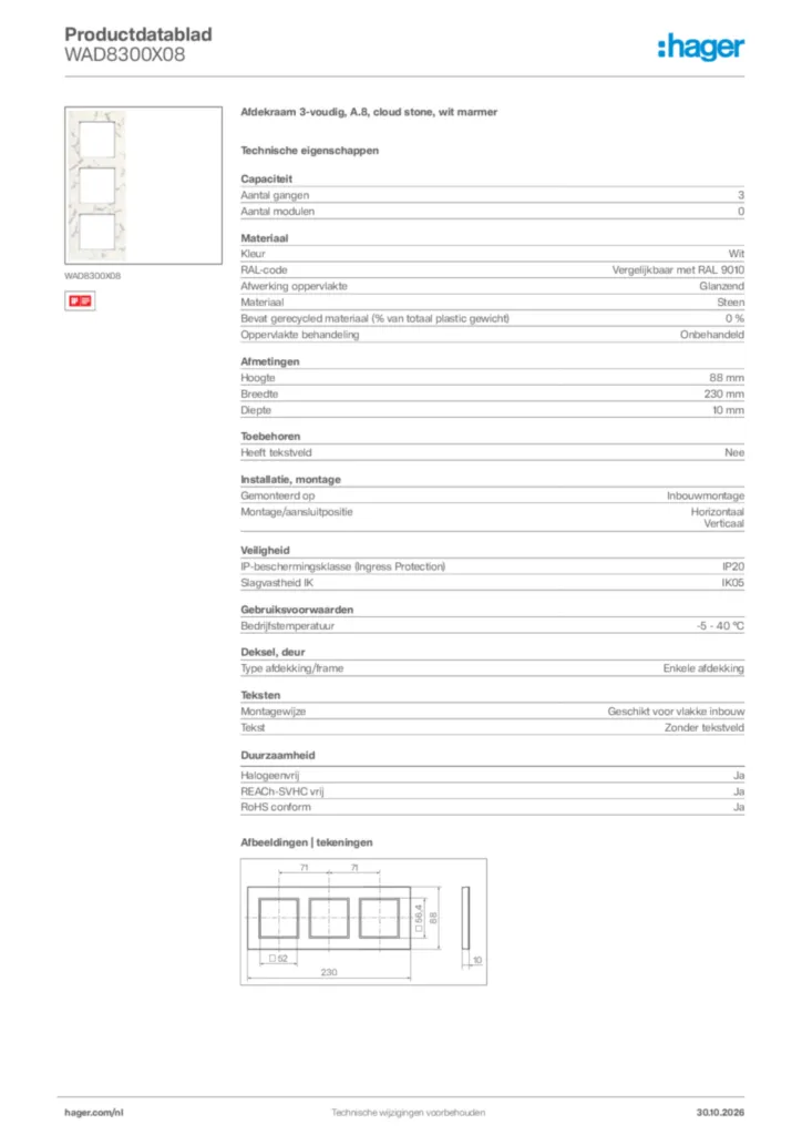 Afbeelding Hager Productdatablad WAD8300X08 | Hager Nederland