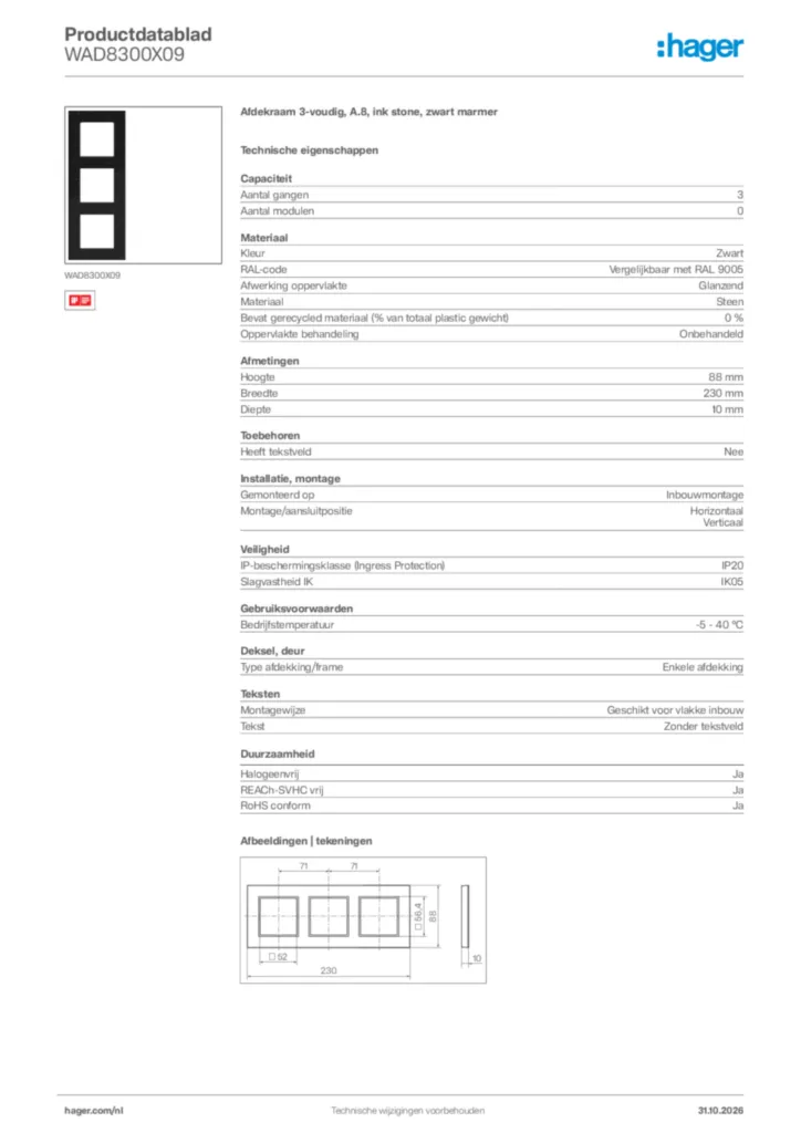 Afbeelding Hager Productdatablad WAD8300X09 | Hager Nederland