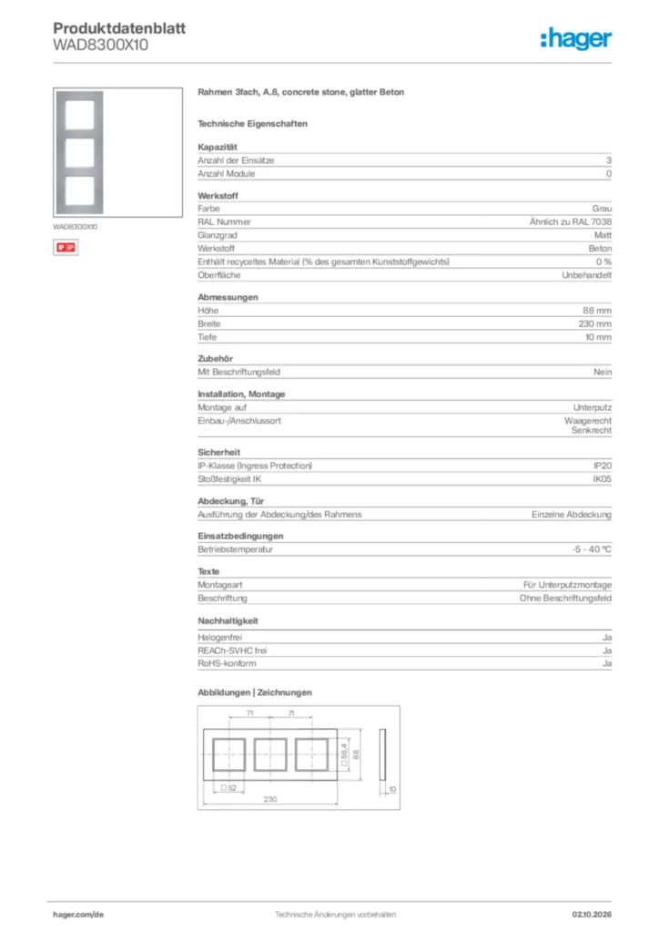 Bild Hager Produktdatenblatt WAD8300X10 | Hager Deutschland