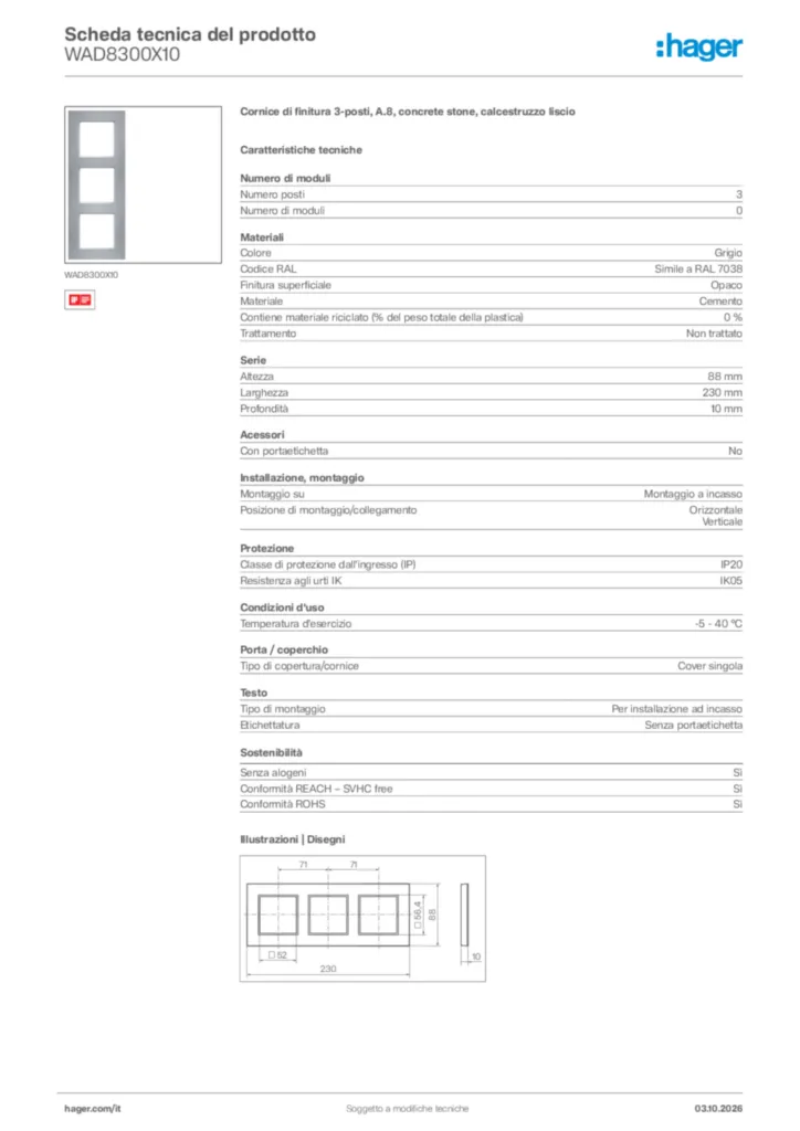 Immagine Hager Scheda tecnica del prodotto WAD8300X10 | Hager Italia