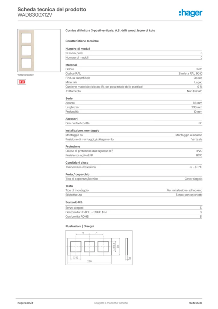 Immagine Hager Scheda tecnica del prodotto WAD8300X12V | Hager Italia