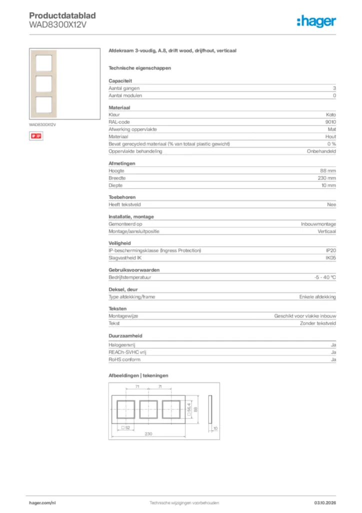 Afbeelding Hager Productdatablad WAD8300X12V | Hager Nederland