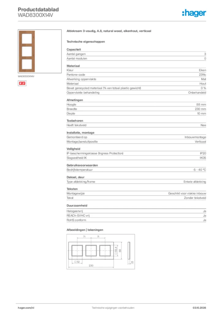 Afbeelding Hager Productdatablad WAD8300X14V | Hager Nederland
