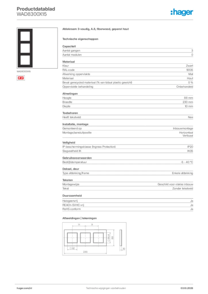 Afbeelding Hager Productdatablad WAD8300X15 | Hager Nederland