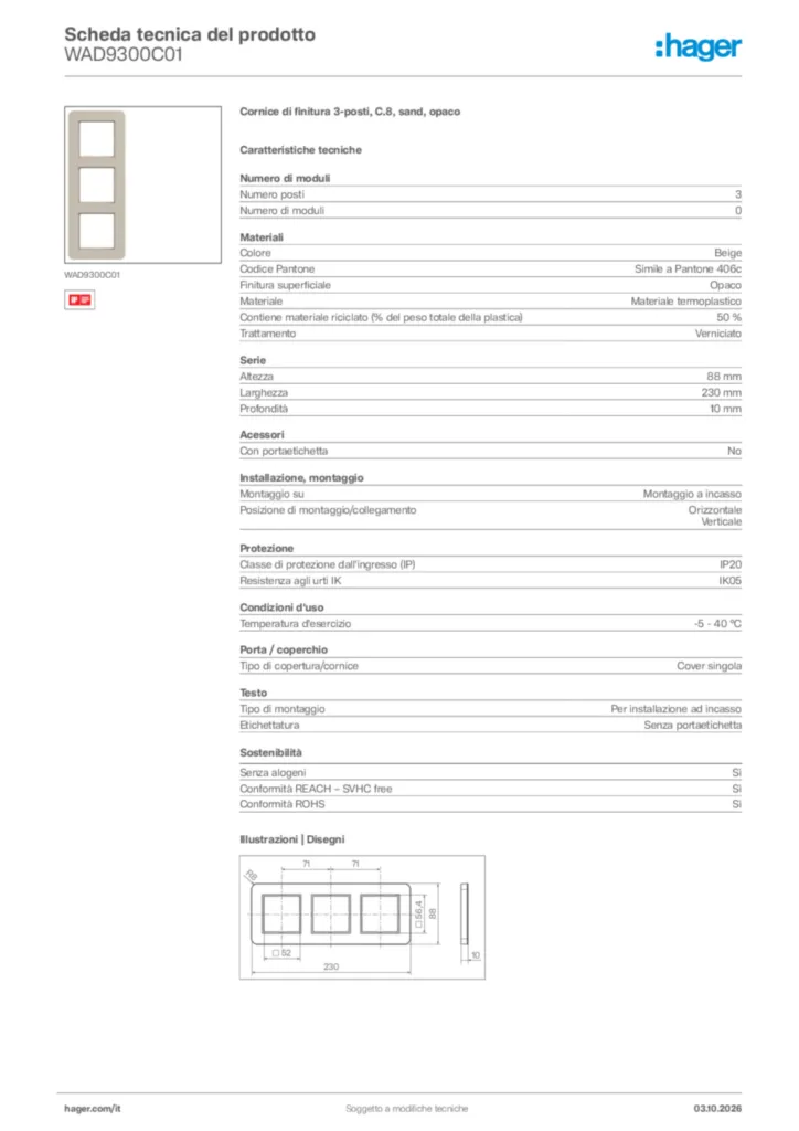 Immagine Hager Scheda tecnica del prodotto WAD9300C01 | Hager Italia