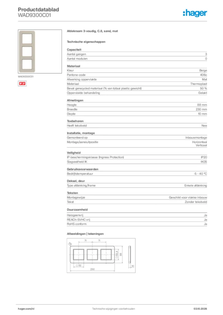 Afbeelding Hager Productdatablad WAD9300C01 | Hager Nederland