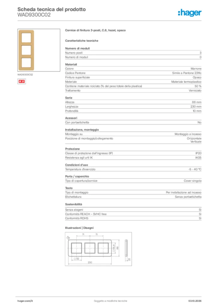 Immagine Hager Scheda tecnica del prodotto WAD9300C02 | Hager Italia
