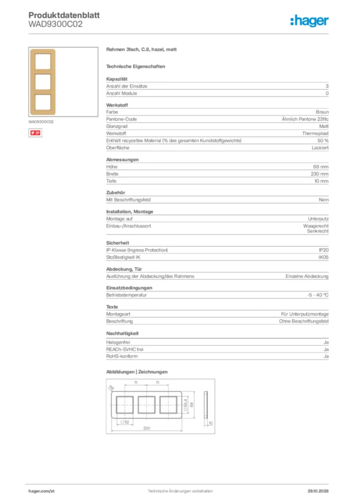 Bild Hager Produktdatenblatt WAD9300C02 | Hager Deutschland