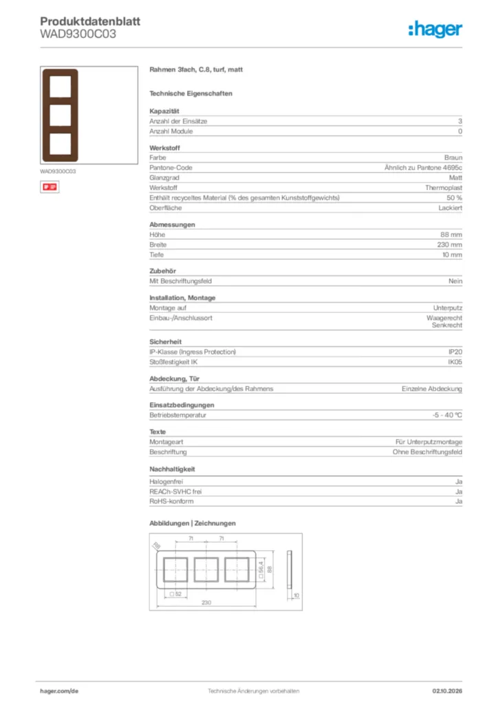 Bild Hager Produktdatenblatt WAD9300C03 | Hager Deutschland