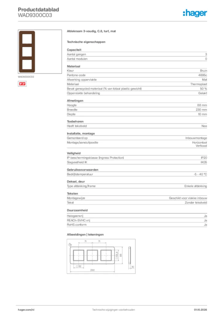 Afbeelding Hager Productdatablad WAD9300C03 | Hager Nederland