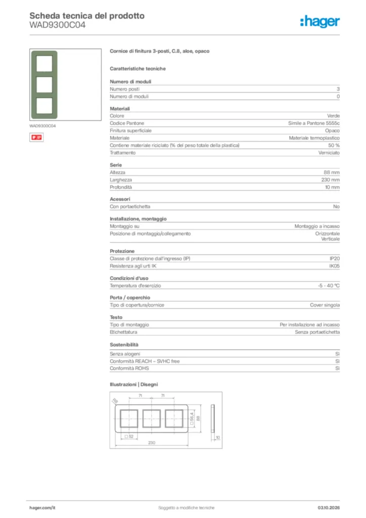 Immagine Hager Scheda tecnica del prodotto WAD9300C04 | Hager Italia