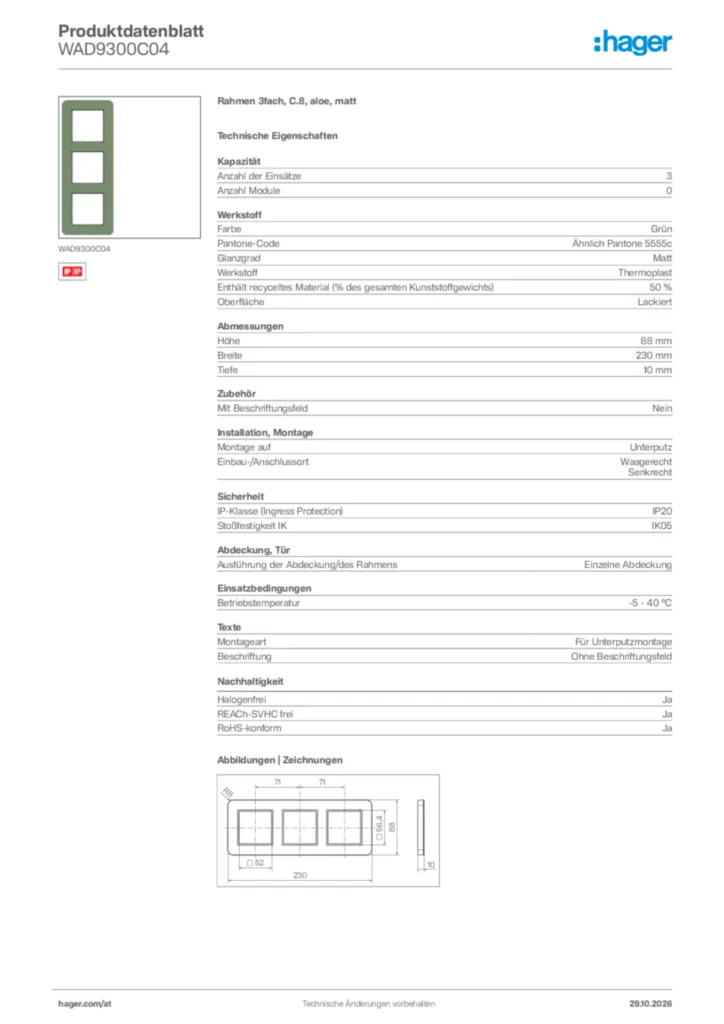 Bild Hager Produktdatenblatt WAD9300C04 | Hager Deutschland