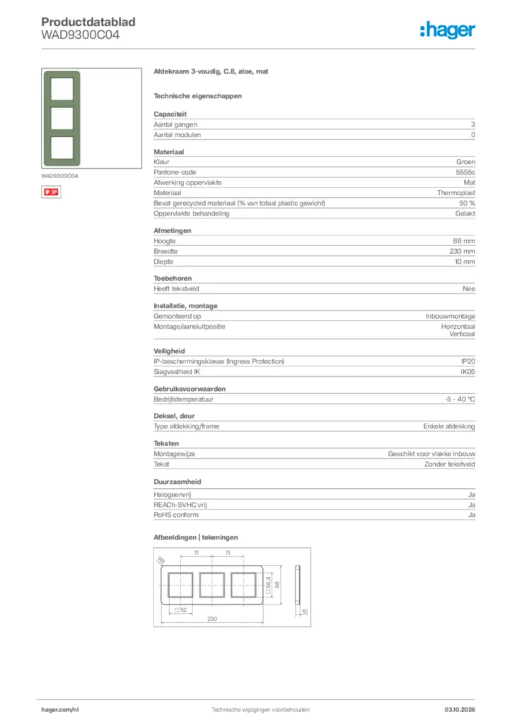Afbeelding Hager Productdatablad WAD9300C04 | Hager Nederland