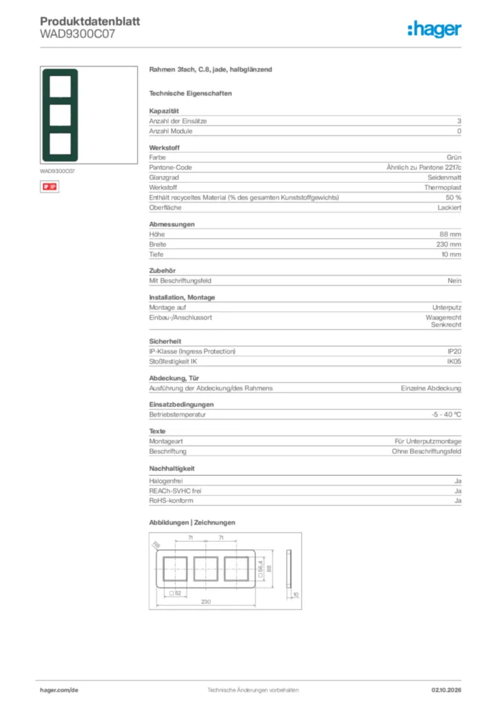 Bild Hager Produktdatenblatt WAD9300C07 | Hager Deutschland