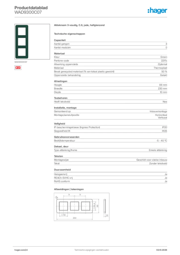 Afbeelding Hager Productdatablad WAD9300C07 | Hager Nederland