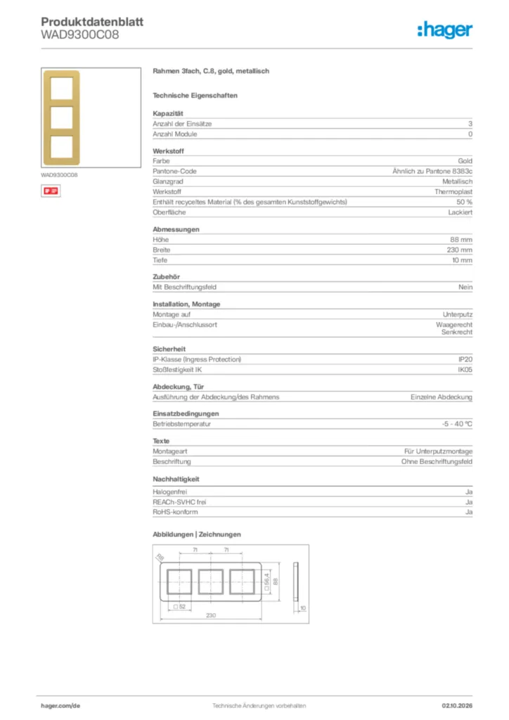 Bild Hager Produktdatenblatt WAD9300C08 | Hager Deutschland