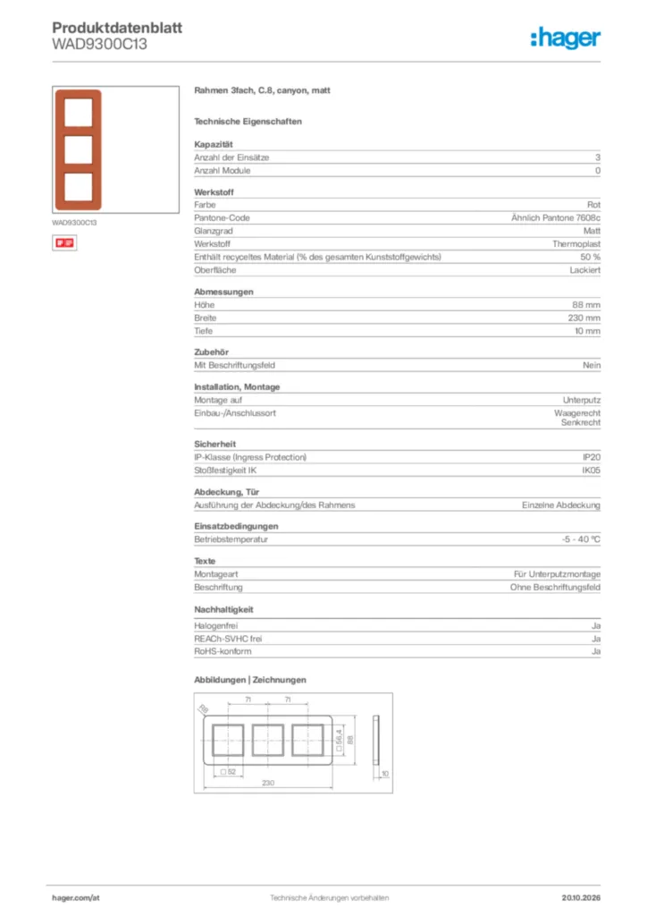 Bild Hager Produktdatenblatt WAD9300C13 | Hager Deutschland