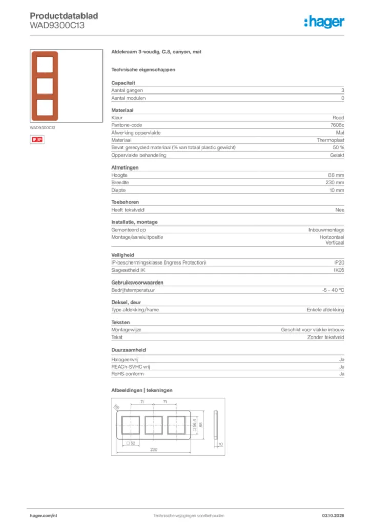 Afbeelding Hager Productdatablad WAD9300C13 | Hager Nederland