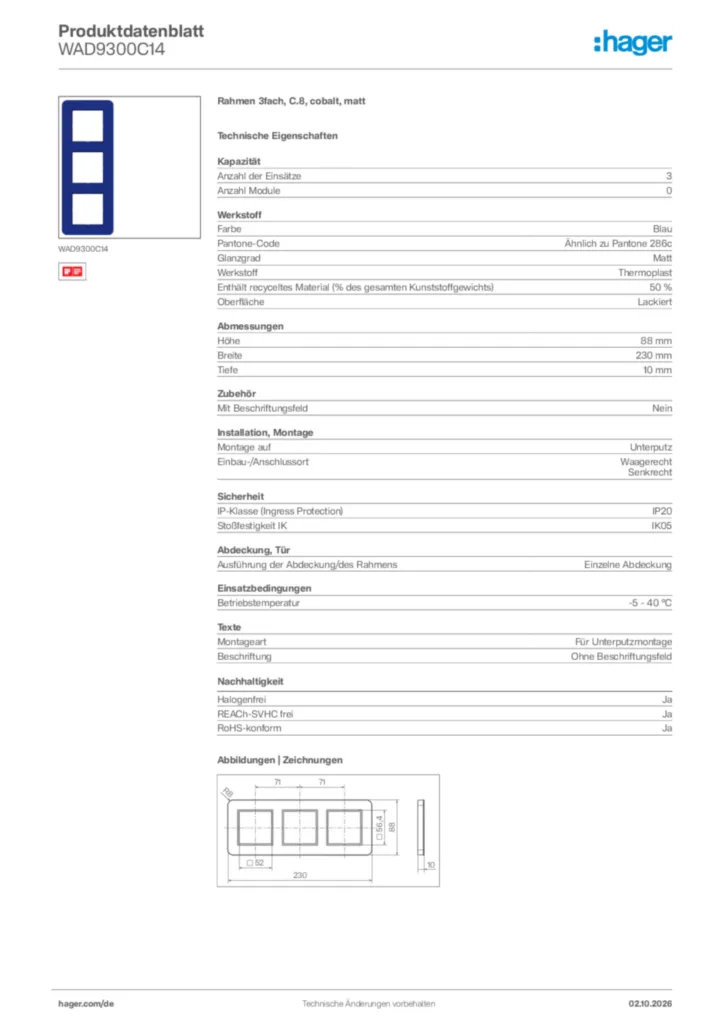 Bild Hager Produktdatenblatt WAD9300C14 | Hager Deutschland