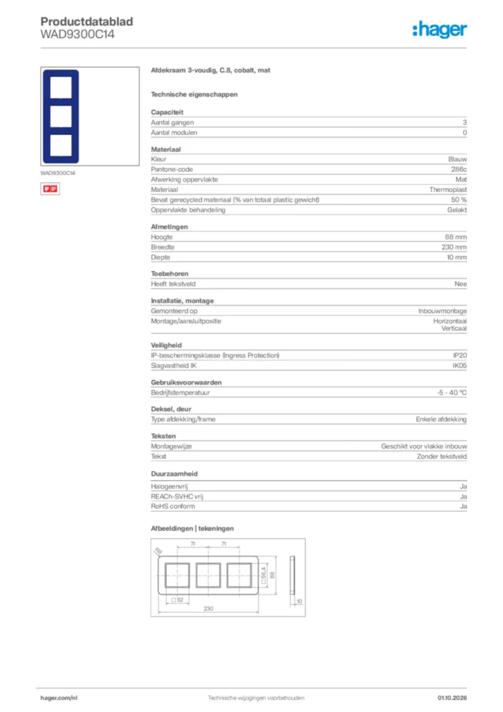 Afbeelding Hager Productdatablad WAD9300C14 | Hager Nederland