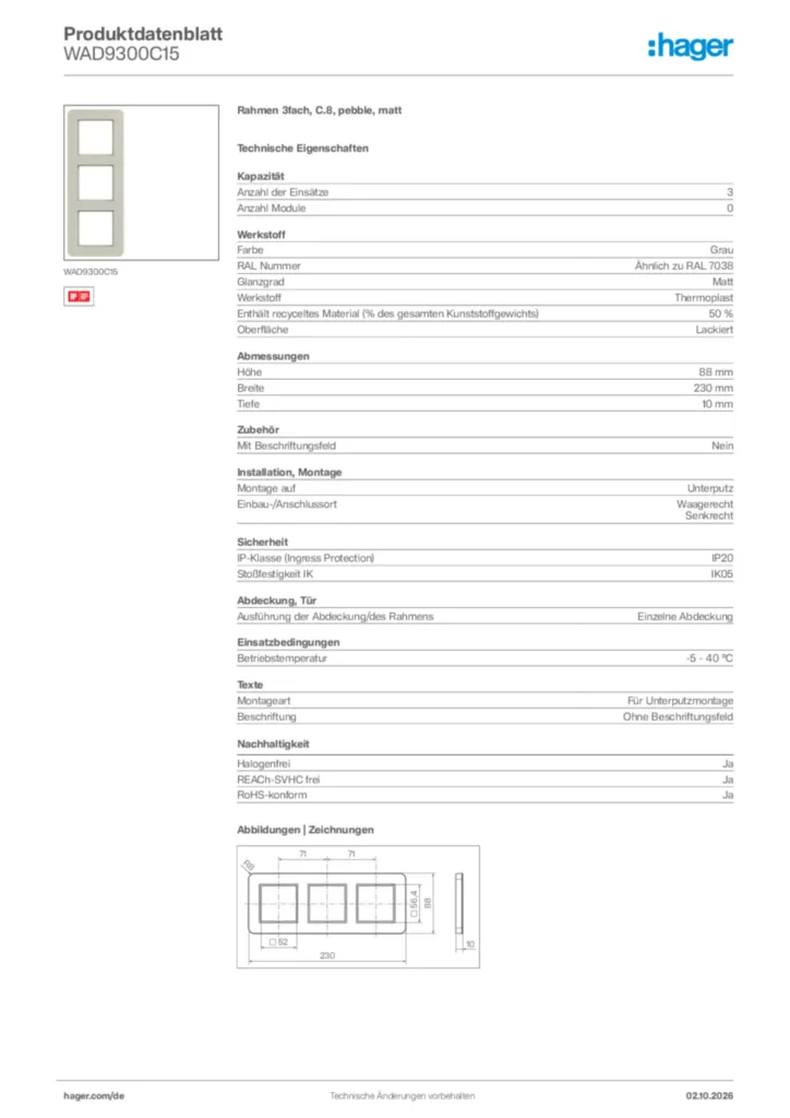 Bild Hager Produktdatenblatt WAD9300C15 | Hager Deutschland